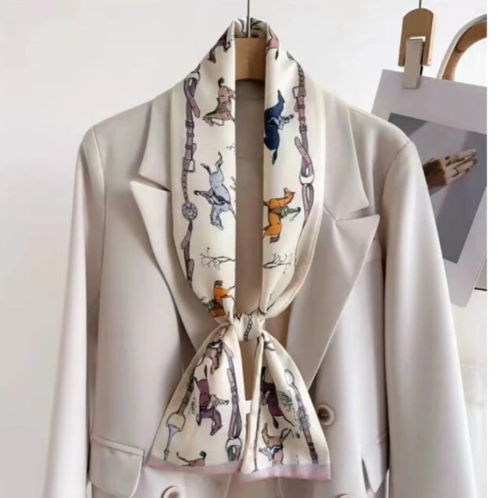 1 piece retro horse belt printed long silk scarf women's beige satin thin narrow scarf versatile suit shirt decorative streamer