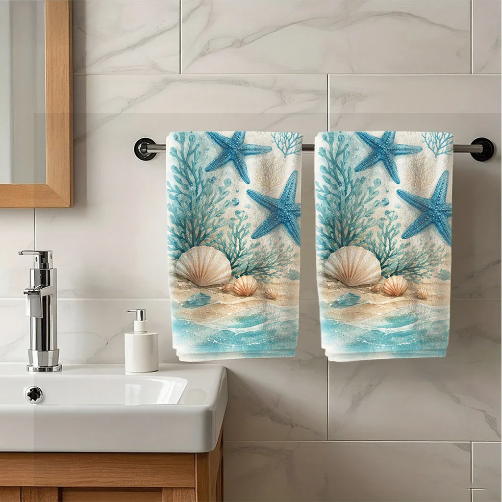 2PCS marine style printed hand towel, kitchen towel, blue starfish with shell coral pattern embellishment design