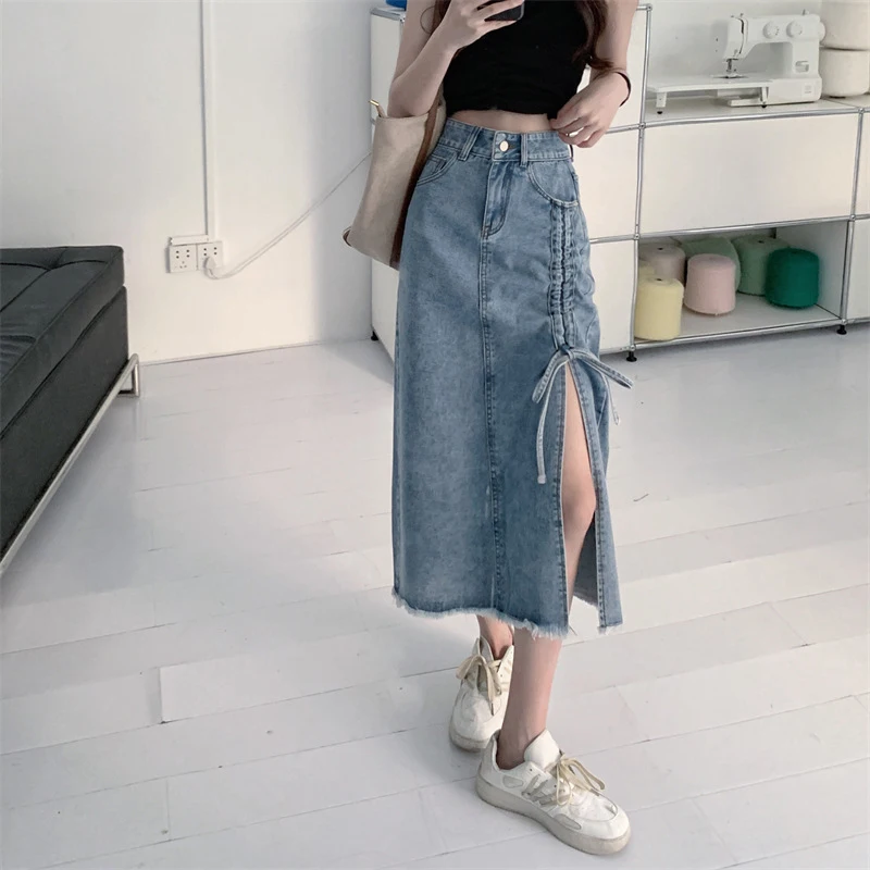 Y2K High Waist Women Jeans Skirts Korean Fashion Bandage Female Tassel Midi Skirts Summer Casual Streetwear A Line Skirts