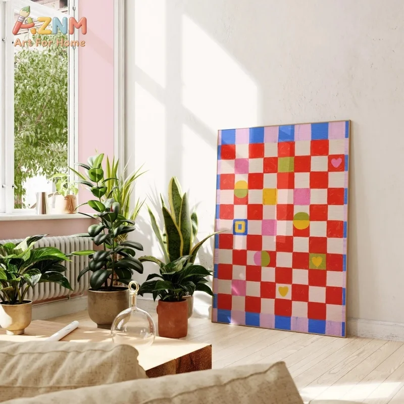 AZNM Red White Checkerboard Canvas Wall Art Colorful Circle Square Heart Geometric Hand Painted Print Unframed Canvas Cute Prepp