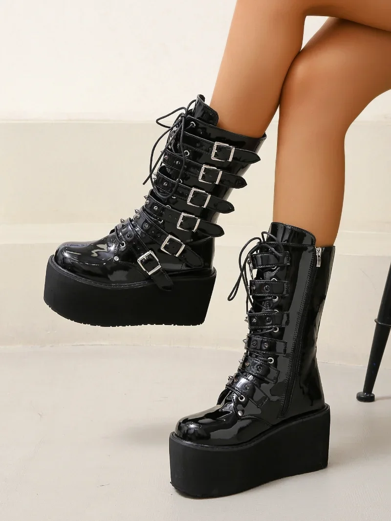 Plus Size43 Platform Boots Gothic Woman Lady Buckle Autumn Shoes Women Knee High Punk Street Cosplay Botas Motorcycle Footwear