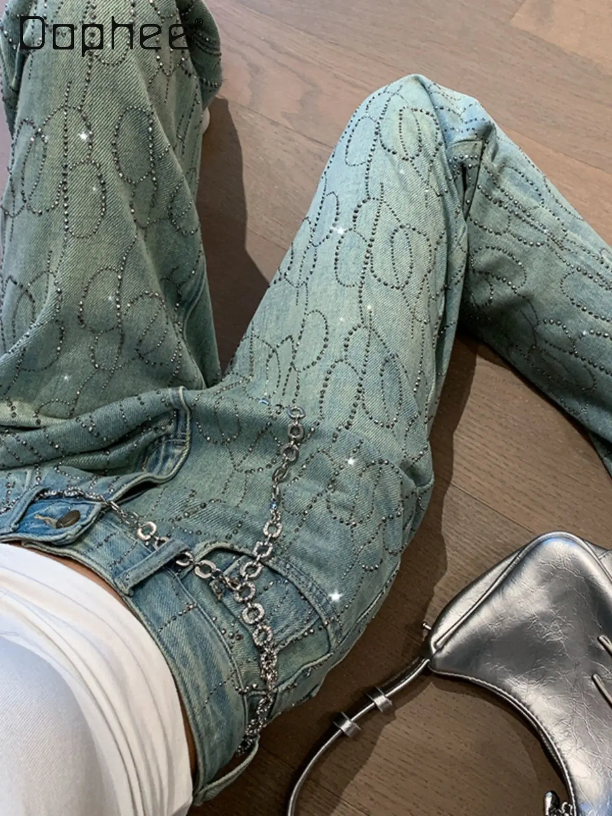 

European Goods Heavy Industry Hot Diamond Denim Wide-leg Pants Women Spring Summer New Full Diamond Loose Slim Straight Pants