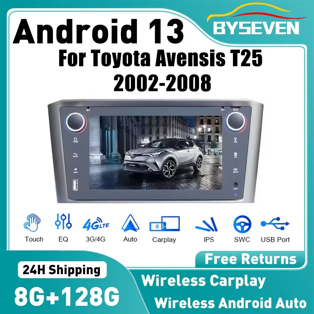 BySeven Android 13 Auto Radio For Toyota Avensis T25 2002-2008 Car Multimedia Player GPS Navigation Head Unit Auto Radio