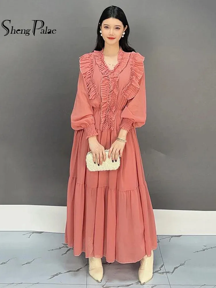 SHENGPALAE Spliced Ruffles Long Dresses Women V Neck Full Sleeve Gathered Waist A Line Evening Party Loose New Dress 5C1509