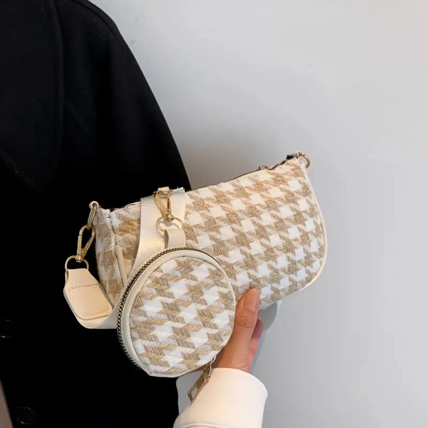 حقيبة كروس كلاسيكية للنساء، حقيبة كتف 2 في 1 مع حزام قابل للتعديل، محفظة دائرية، حقائب نسائية مركبة