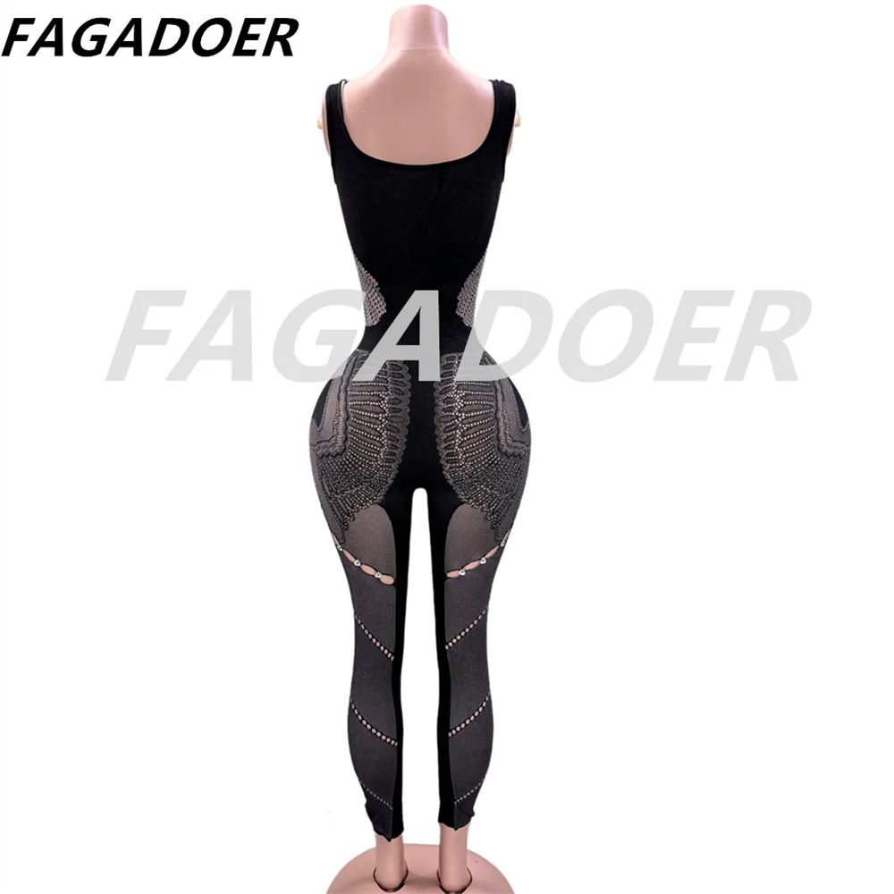 Fagadoer sexy grosso laço oco uma peça macacões feminino ver através sem mangas bodycon macacão femlae clubwear roupas 2024