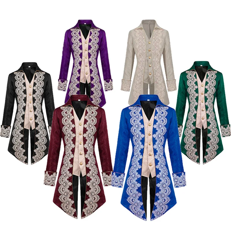 

Men's Steampunk Gothic Coat Victoria Jacket Vintage Lace Trim Tailcoat Medieval Frock Coat Party Uniform Costume