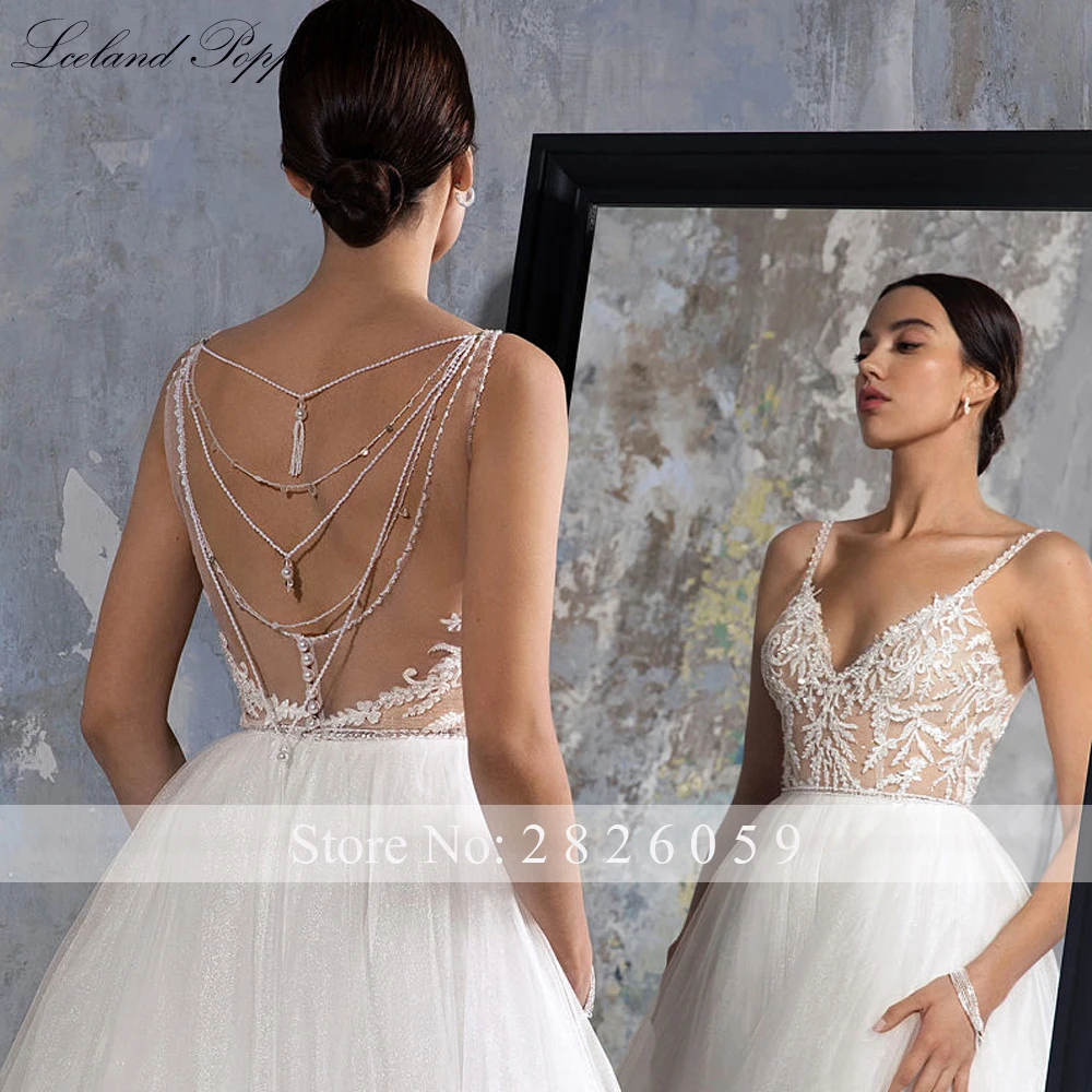 Lceland Poppy Customized A Line V Neck Crystal Beaded Tulle Wedding Dresses Floor Length Sleeveless Backless Bridal Gowns