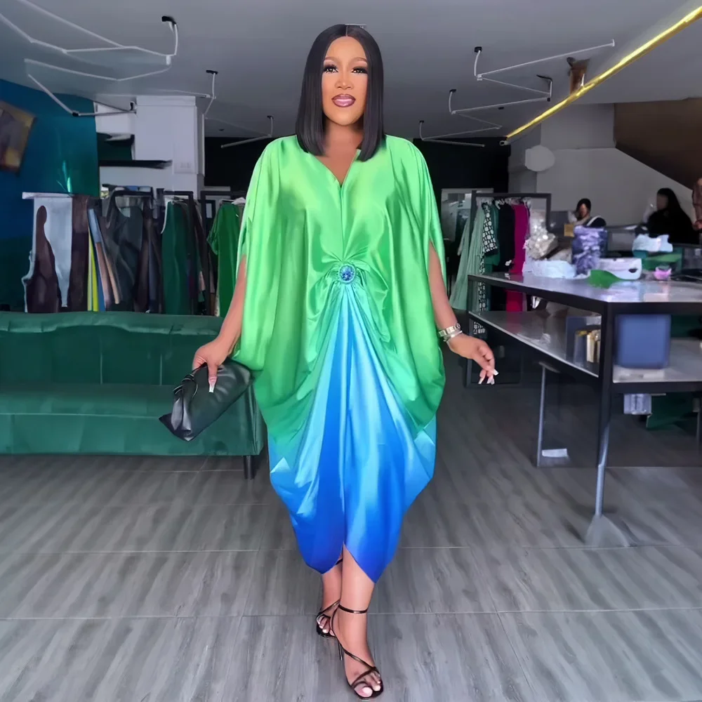 African Fashion Loose Robe Rayon Fabric Bat-Sleeve V-Neck Dress African Evening Dress Satin Dashiki for Women 2025 Summer Dress image 4