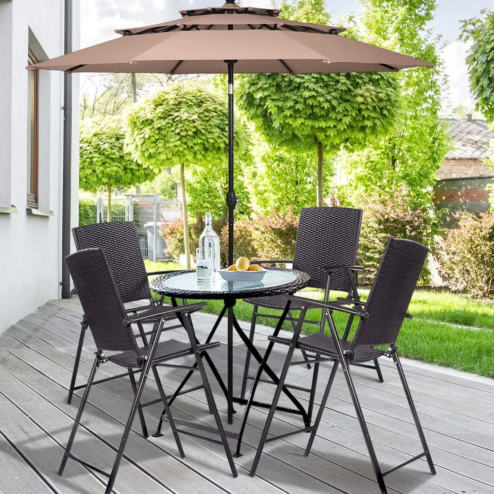 

Folding Wicker Rattan Bar Chairs Set of 4, Tall Stool with Back, Steel Frame, Armrests and Footrest, Bar Stools Garden Patio Fu