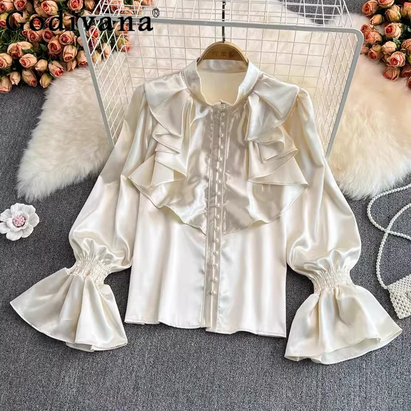 

Temperament Court Lolita French Cos Temperament Stand-up Collar Shirt Elegant Girl Satin Retro Lantern Sleeve Solid Color Shirts
