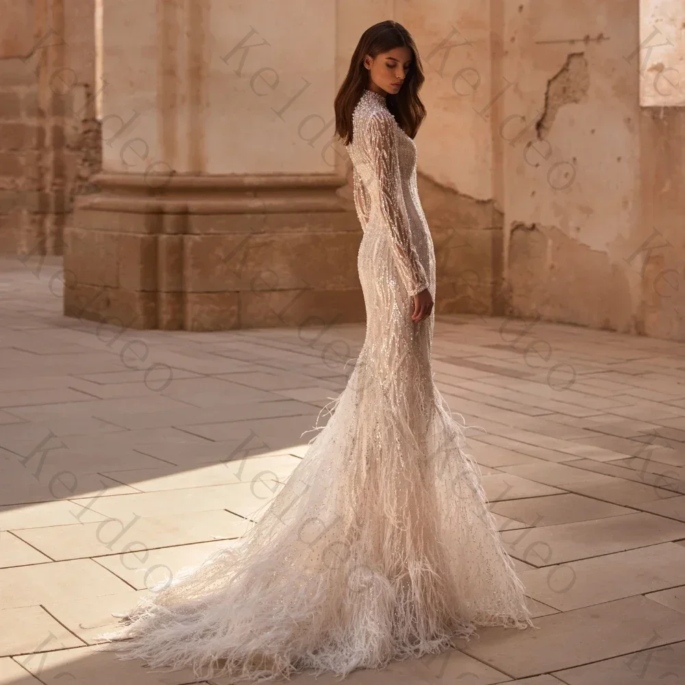 Customized High Quality High Collar Mermaid Long Sleeves Wedding Dresses 2026 Exquisite Feather Pearls Floor Length Bridal Gowns