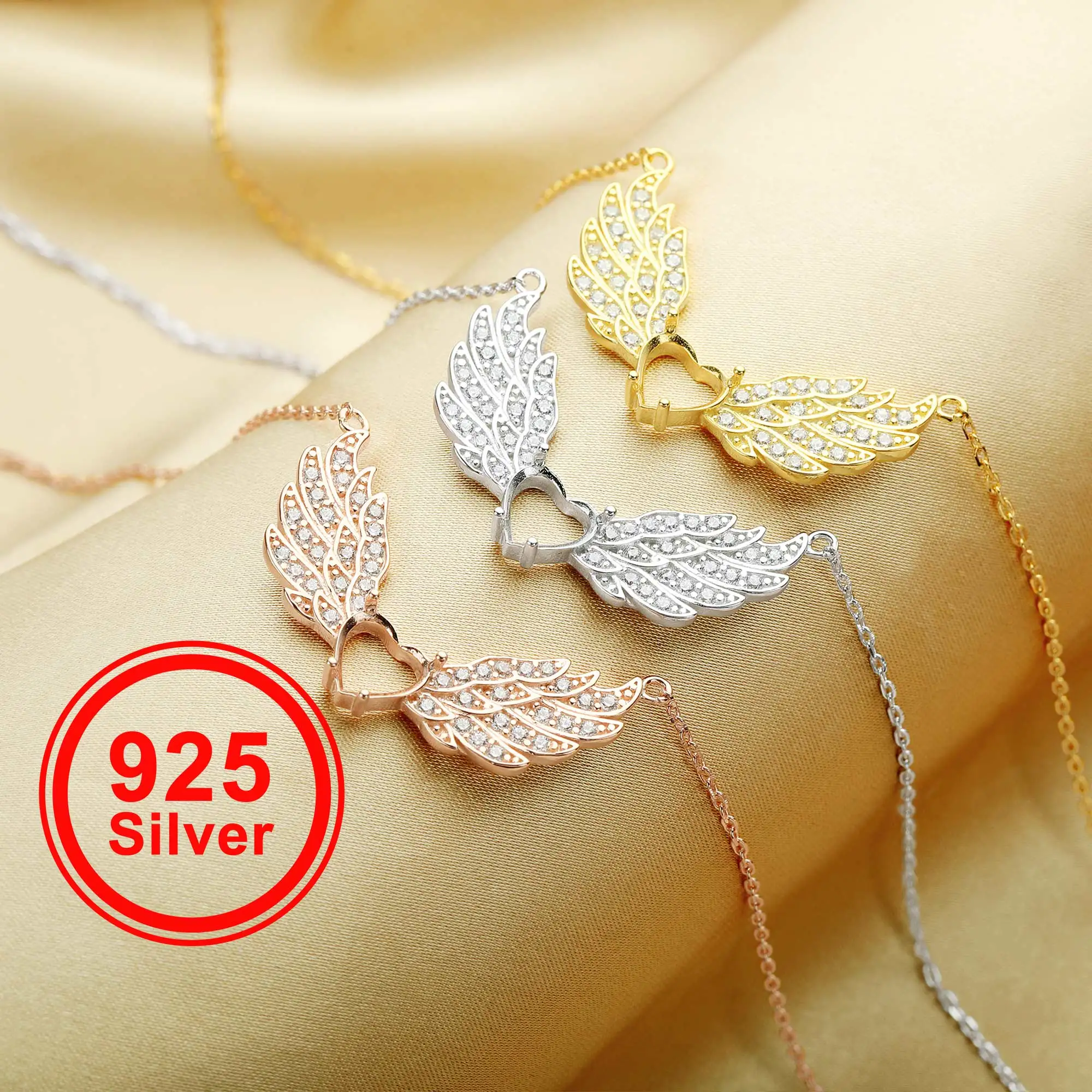 

8MM Heart Prong Pendant Settings,Angel Wings Necklace,Solid 925 Sterling Silver Necklace,DIY Jewelry With Chain 16''+2'' 1320027
