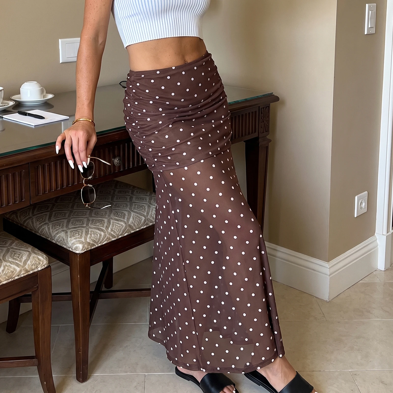 Y2K Polka Dot Maxi Skirt Women Sexy Mesh See Through Long Skirts Vintage Black Low Rise Ruched Mermaid Skirt Coquette Aesthetic