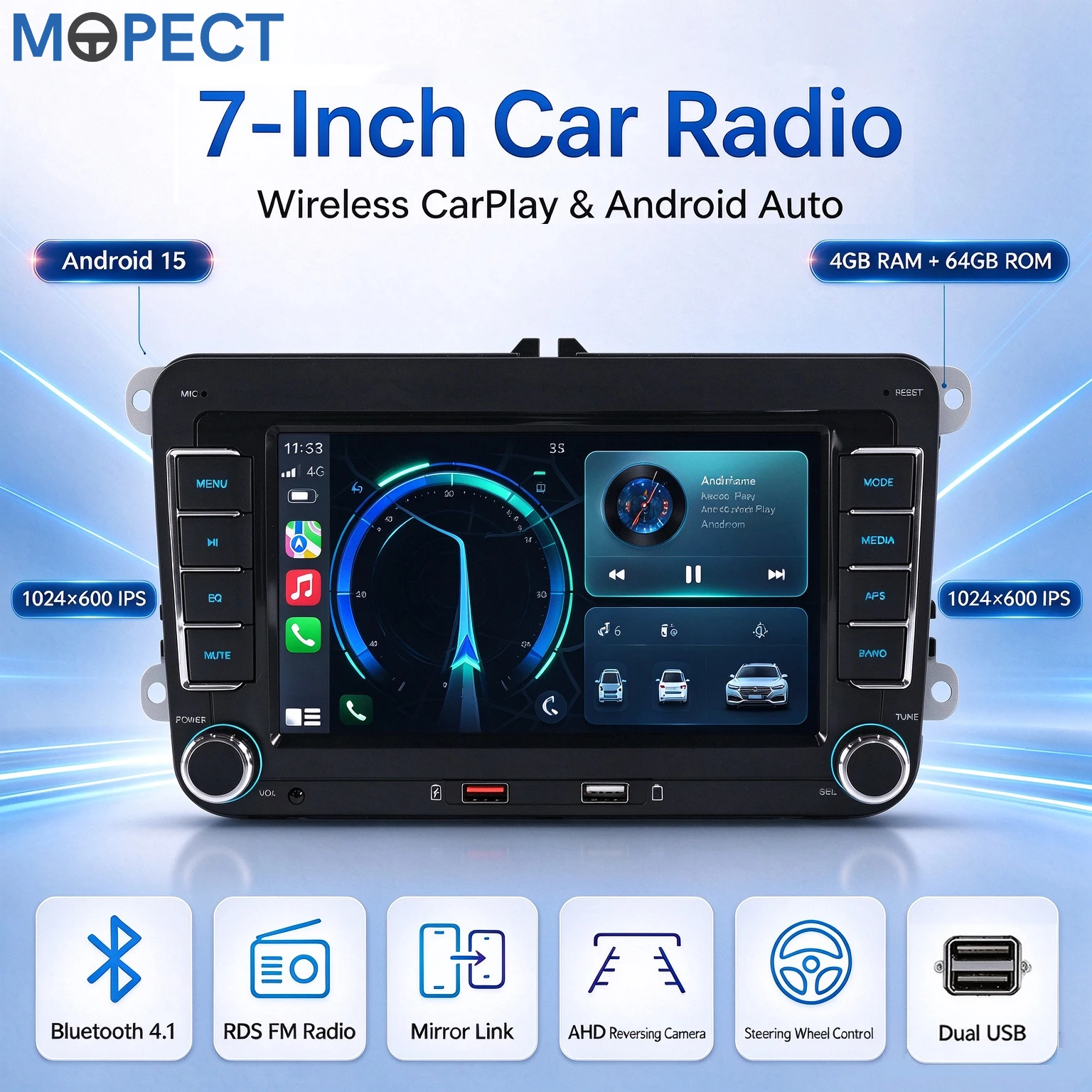 MOPECT 7 Inch Android 15 4+64G Car Radio for VW Golf 5 6 Plus Touran Caddy Jetta SEAT SKODA Wireless CarPlay Android Auto Multimedia Player Car Stereo Autoradio Head Unit WIFI BT FM RDS SWC GPS