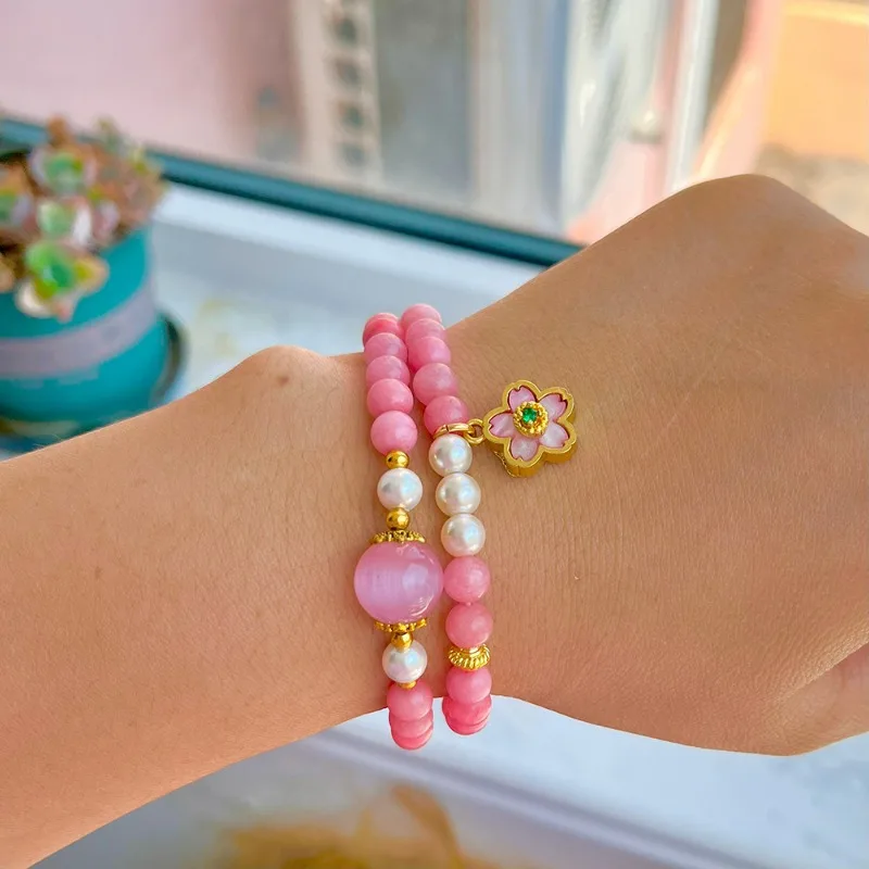 

Charming Rose Quartz Stone Beads Strand Natural Stone Light Pink Shell Blossom Pendant Cat Eye Beads Handmade Elastic Bracelet