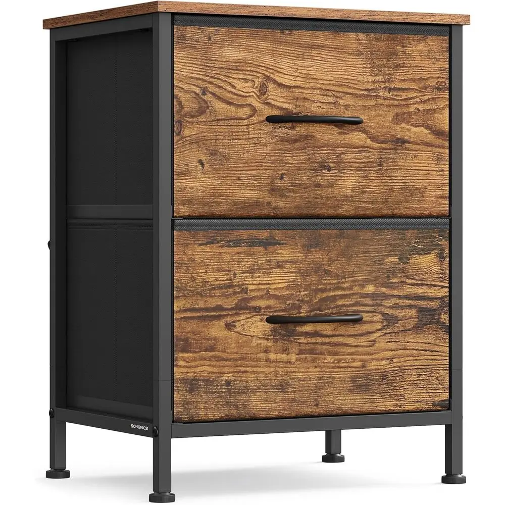 Bedroom Chest with Drawers, Nightstand, Steel Frame, Non-Woven Fabric, Storage Organizer, Rustic Brown & Ink Black