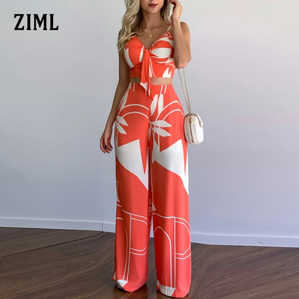 

ZIML Hit Color Chic Two Piece Sets for Women Square Collar Sleeveless Short Tops High Waist Loose Pants Casual Chic Set Female