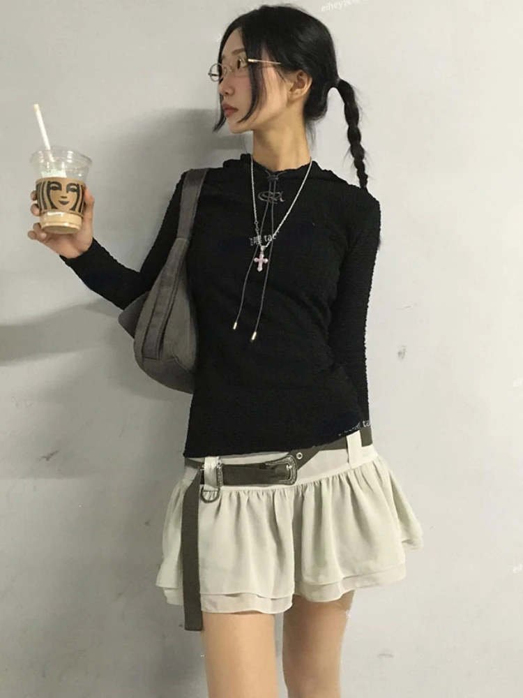 Spring and Summer Vintage Korean Retro High Street Low Waist Ruffles Skirt with Belt Streetwear Fashion Mini Skirt