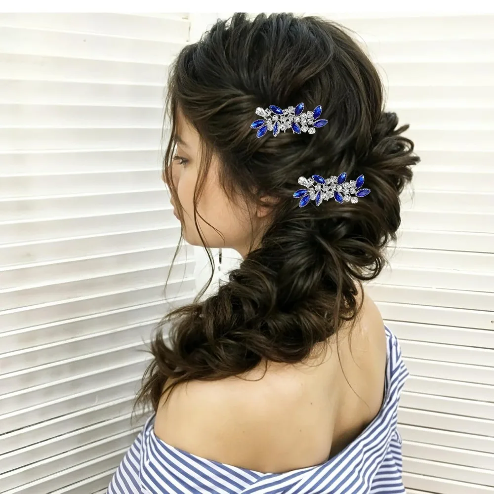 دبابيس شعر الزفاف الكريستالية، قطعتان من قطعة شعر الزفاف من حجر الراين الأزرق، مشط شعر كريستالي عتيق، دبوس شعر لتصفيف الشعر #4