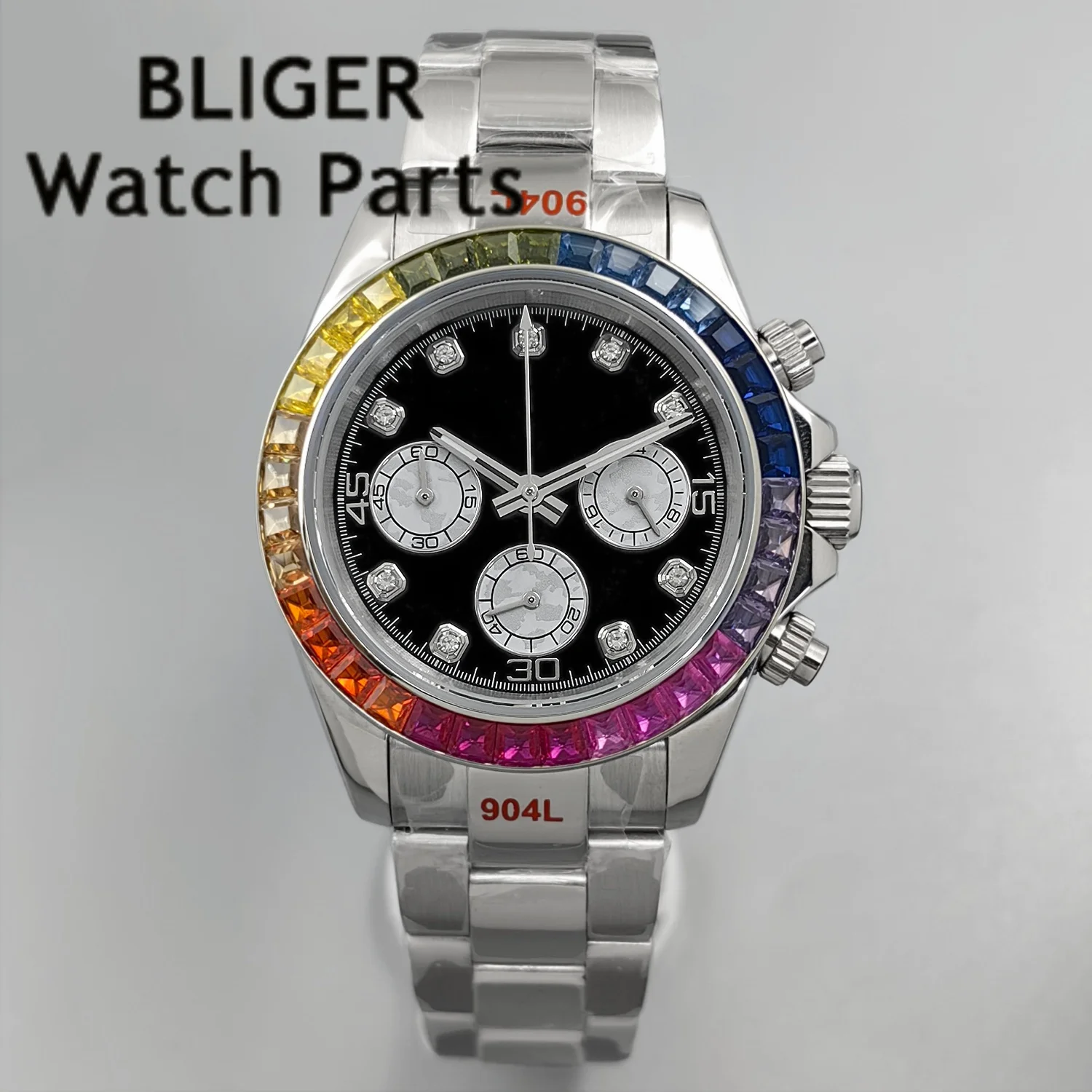 

BLIGER Black Panda Dial Multicolour Bezel Chronograph VK63A Quartz Running Second Hand Men Watches Sapphire Glass Rubber Strap