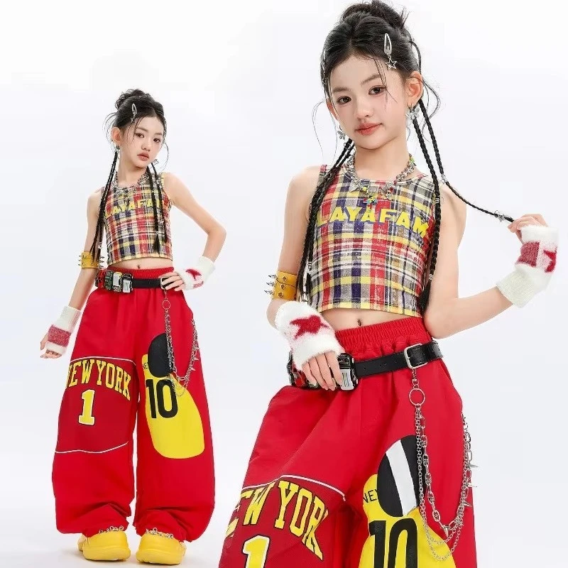 New Girls Hip Hop Street Dance Outfits Plaid Vest Top Red Pants Cool Modern Jazz Dance Costume Group Kpop Stage Performance Wear