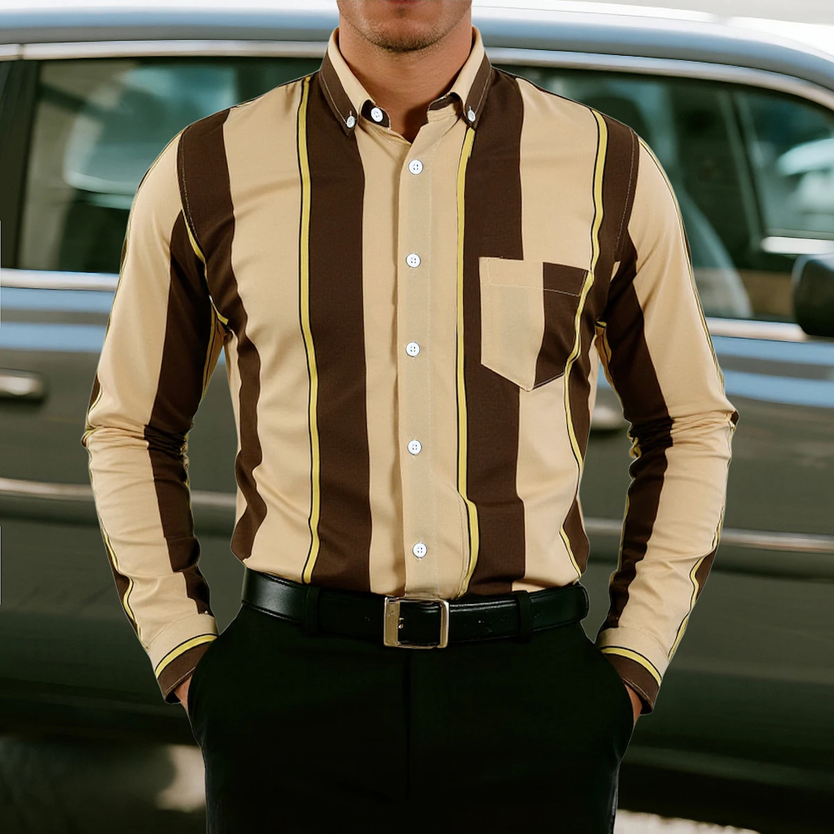 

Мужские рубашки с длинными рукавами и пуговицами, дизайнерская полосатая сорочка с карманами, винтажные топы Camisa Masculina Luxo, социальная мужская официальная рубашка