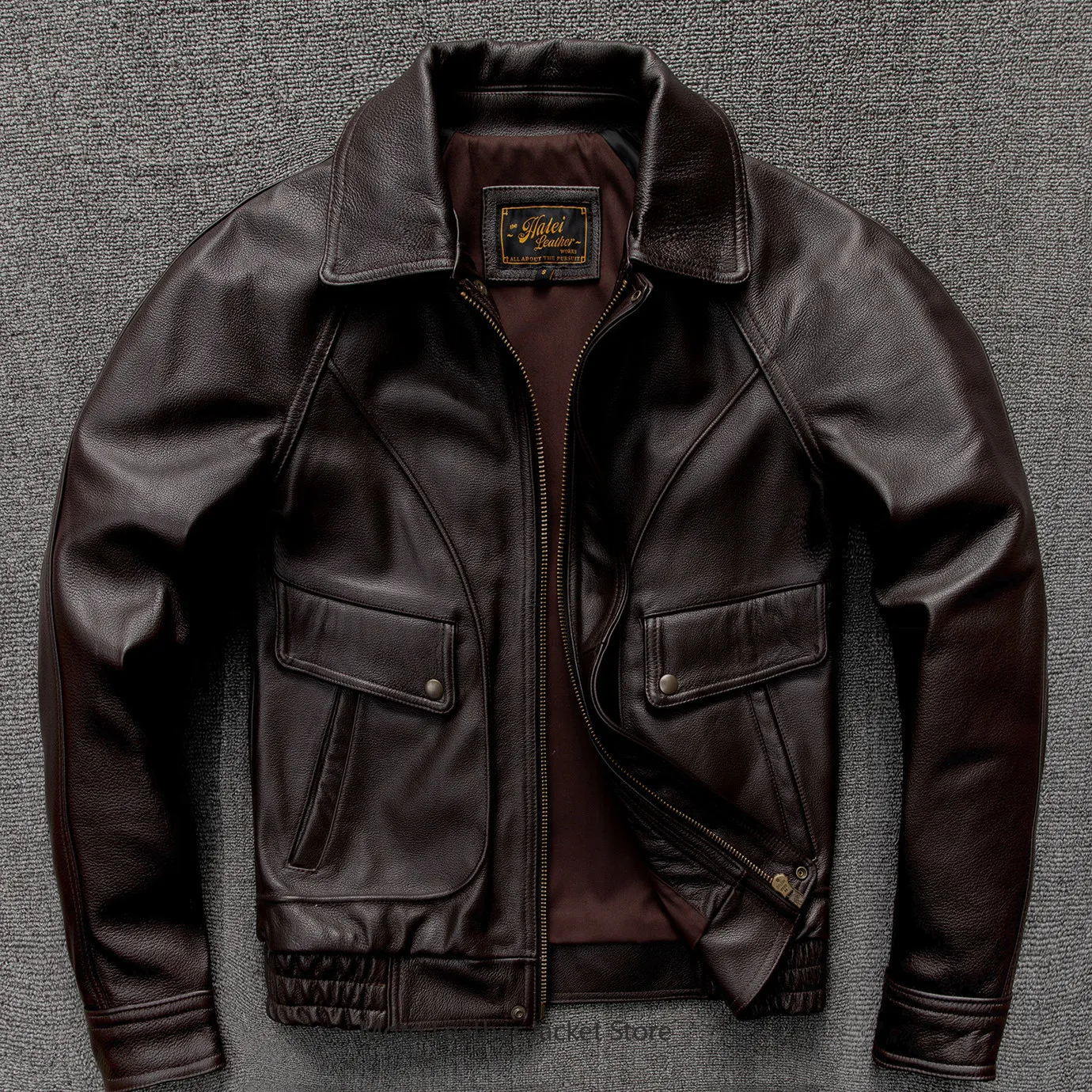 Men Top Layer Cowhide Genuine Leather Jacket, American Vintage Lapel Oversized Flight Jacket, Loose Fall Winter Coat Plus Size