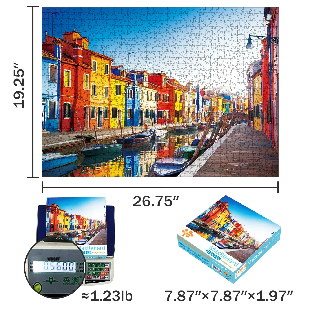 MaxRenard Jigsaw Puzzle 1000pcs for Adults Brilliant Landscape Colorful Venice Burano Island Home Wall Decoration Family Game