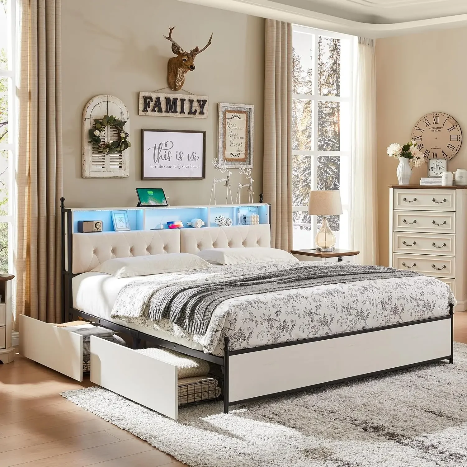 

Upholstered Headboard and 4 Drawers, Farmhouse Metal Platform Bed w/LED Lights & Charging Station