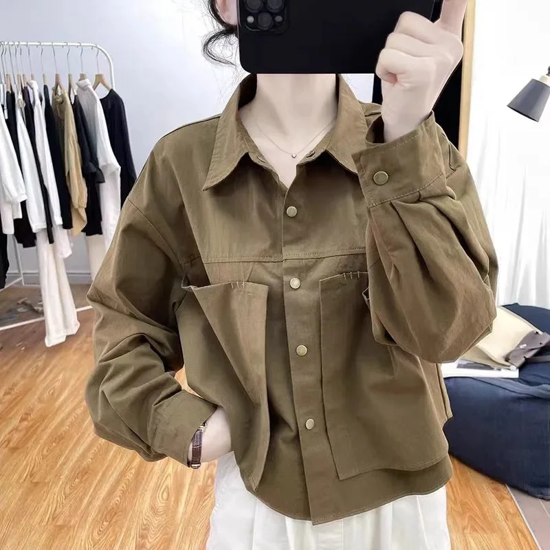 

Short Cotton Long Sleeved Shirt for Women With polo Collar Loose Fitting and age Reducing top 2025 New Base Shirt for Spring WLF