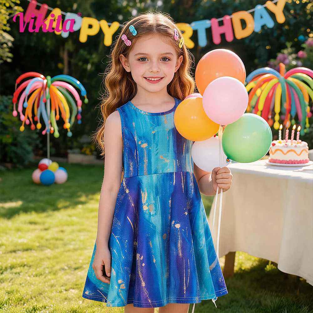 Girls Blue Splash Print Sleeveless Summer Polyester Dress Kids Gradient Birthday Party Stage Performance Beach Casual Dresses
