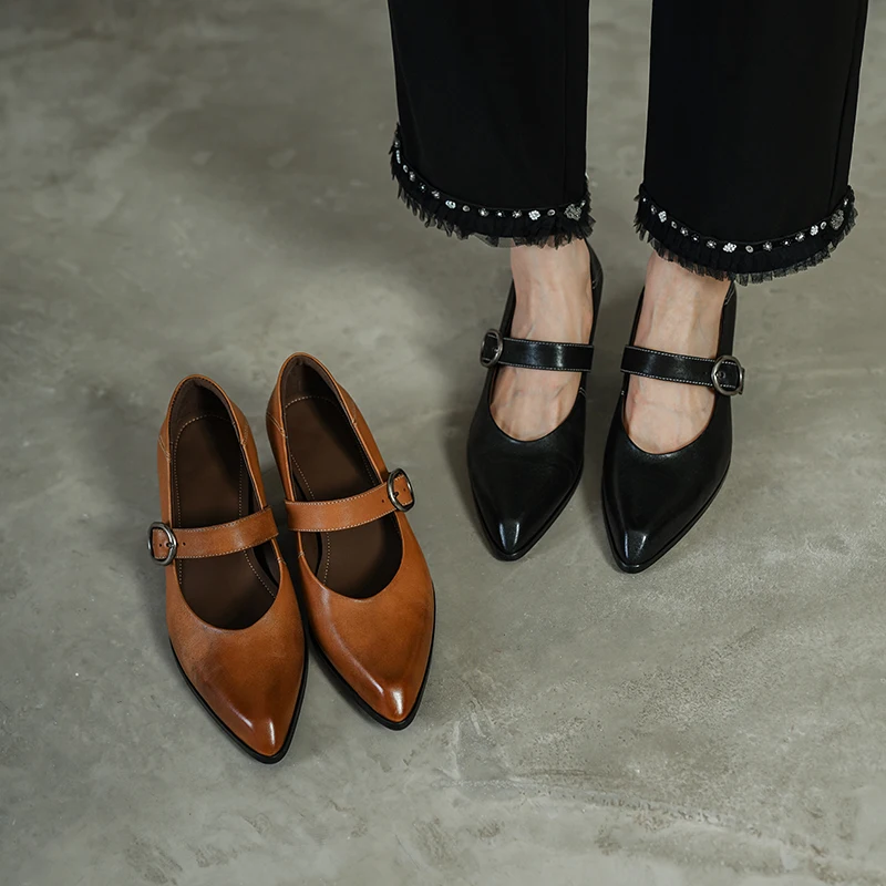 2026 new spring autumn women pumps natural leather 22-25 cm washed cowhide+sheepskin pointed toe buckle high heel women shoes