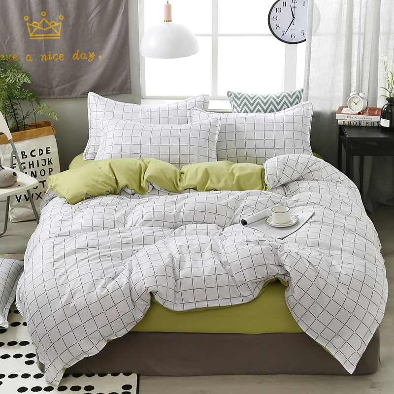 White Plaid Duvet Cover Set Grid Bedding Set for Bedroom,Cozy,Durable,Breathable【1 Quilt Cover + 1 Flat Sheet + 1/2 Pillowcase】