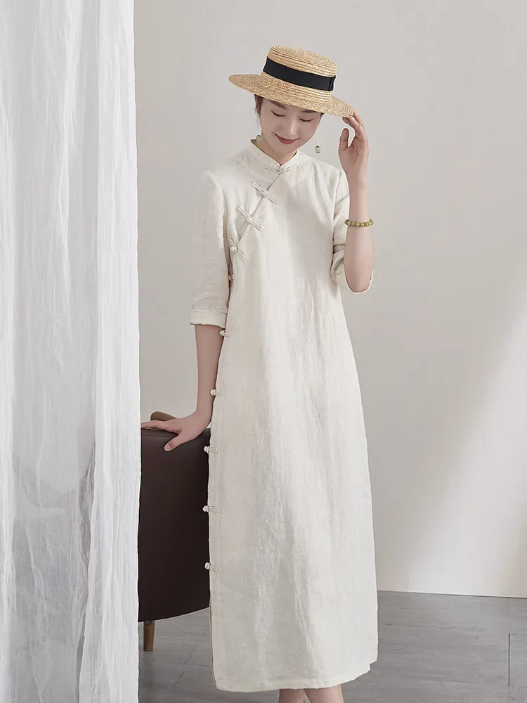 Ele Cotton Linen Embroidered f Open Ladies Dr Tee Quarter Sve Low Slit Daily Wear Soft Color Blo Long Dr