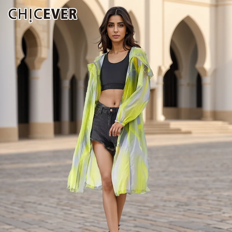 

CHICEVER Tie Dye Colorblock Coat For Women Stand Collar Long Sleeve High Waist Patchwork Drawstring Coats Female Clothing Summer