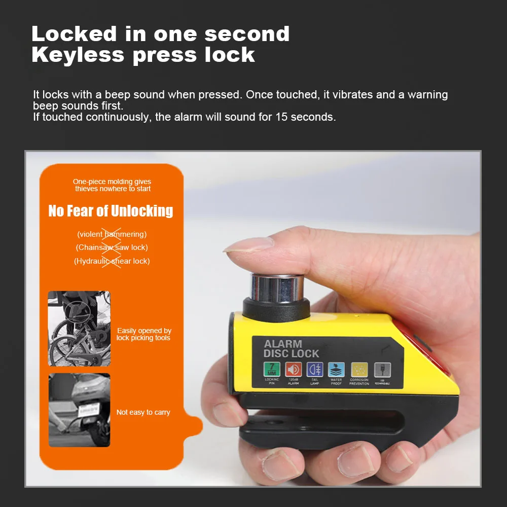 Motorcycle Bicycle Lock Rechargeable 120dB Alarm Protection Padlock Waterproof Brakelock Safety Anti-Theft Wheel Disc Brake Lock