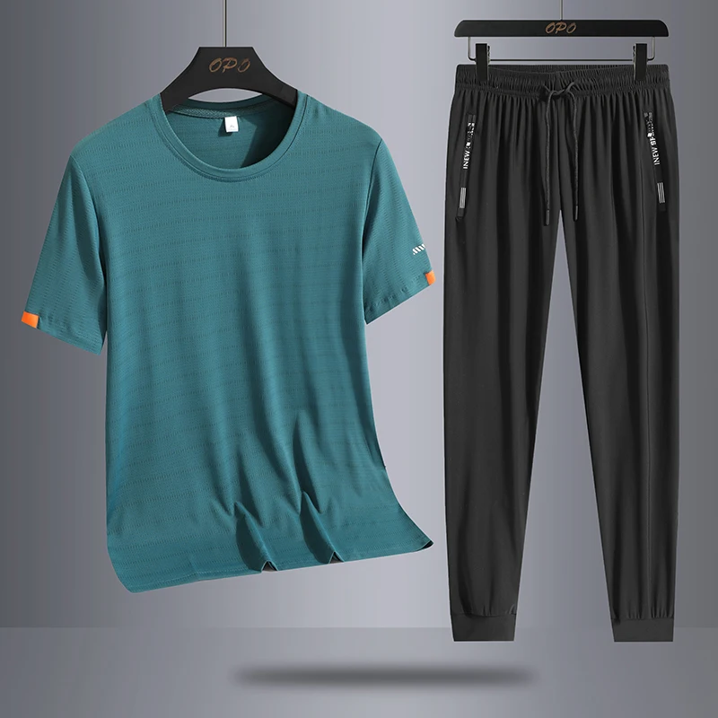 Ice Silk Quick Drying Set Trendy Ice Cool Mesh Quick Drying Breathable Short Sleeve T-shirt Long Pants Sports Two Piece Set men