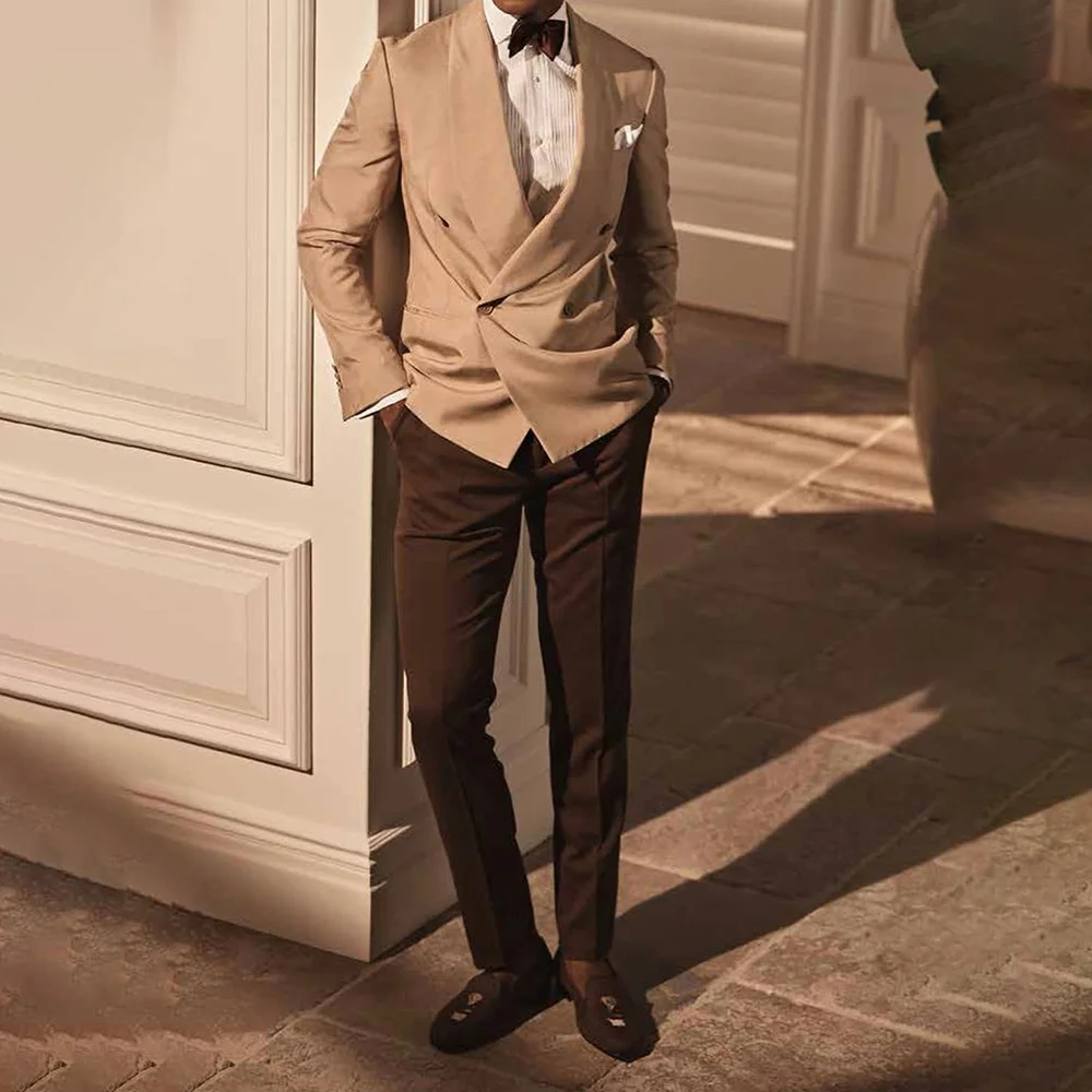 

Double Breasted Men Suits Slim Fit 2 Pieces Jacket Pants Custom Made Formal Wedding Prom Tuxedo For Male