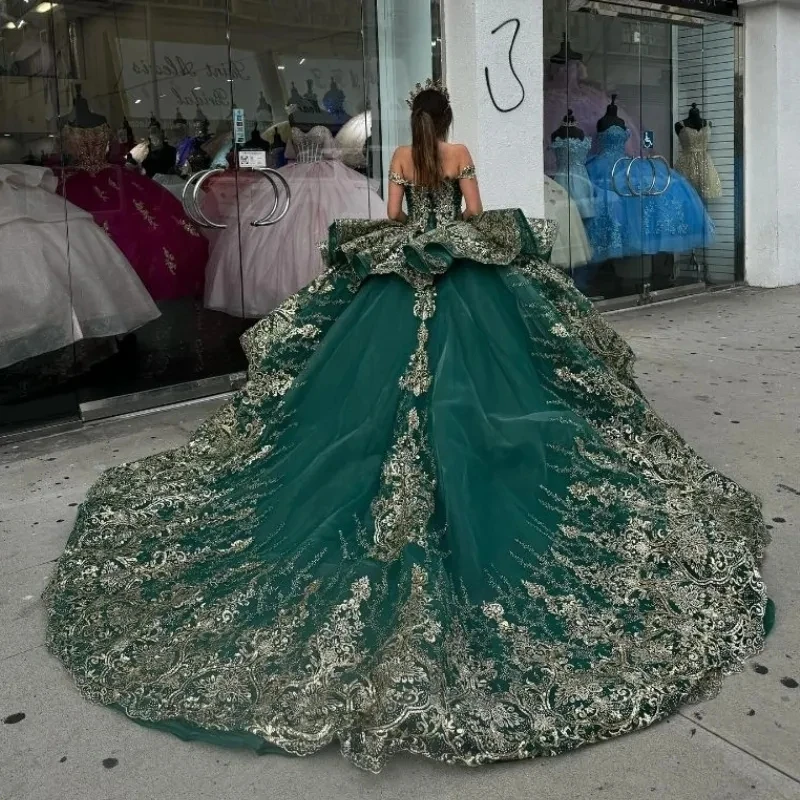 ANGELSBRIDEP Luxury Emerald Green Quinceanera Dress Golden Lace Applique Princess Birthday Party Vestidos De 15 Anos Customized