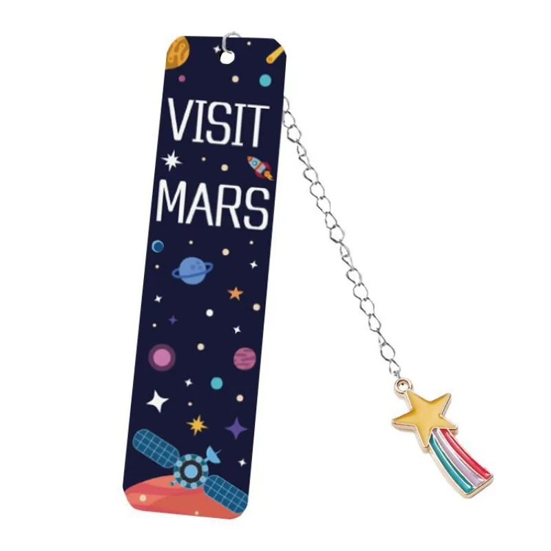 Cartoon Metal Bookmark Astronaut Starry Sky Bookmarks for Books Long Chain Rainbow Stars Pendant Stainless Steel Student Gifts