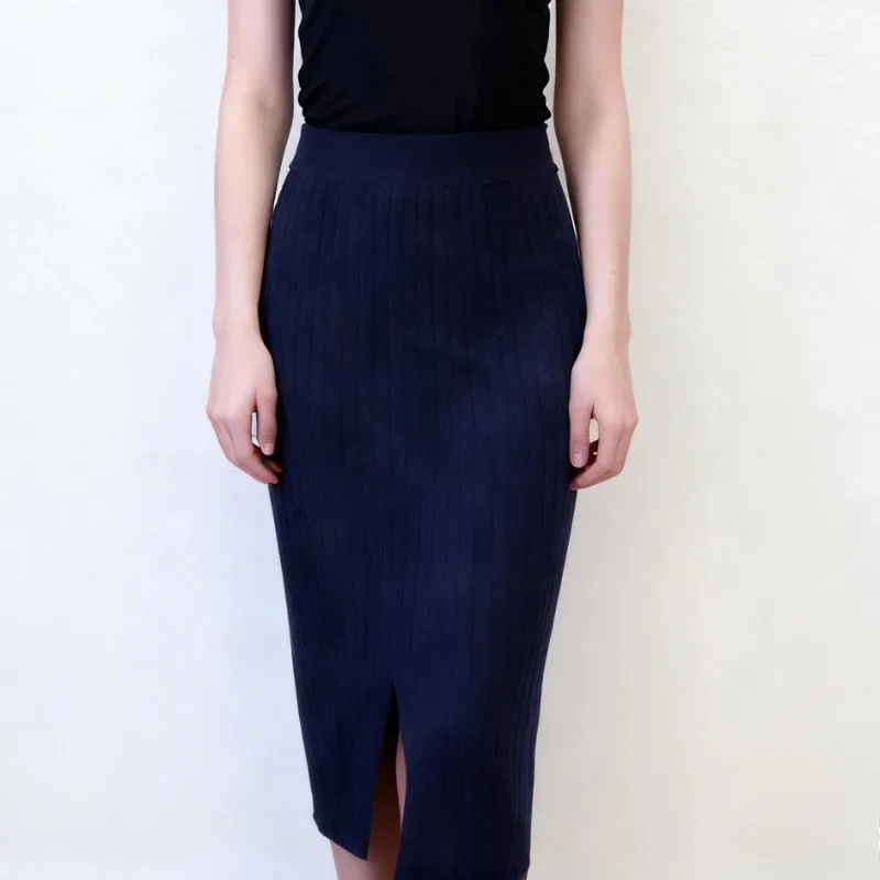 Dehnbarer gestrickter Bleistiftrock, lang, hohe Taille, figurbetont, mit Schlitz, Winter-Arbeitsrock für Damen, Büro, lässig, Midi-Kleid