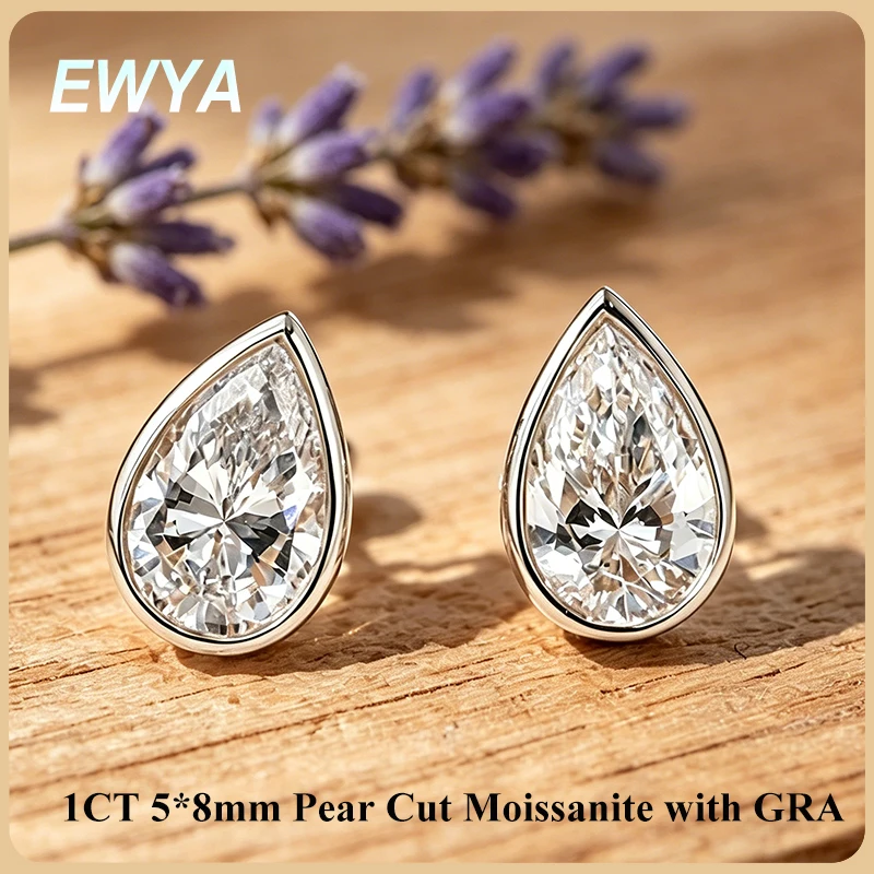 

EWYA Bezel Set Pear Cut 1CT Moissanite Stud Earrings for Women Man s925 Silver Lab Diamond Oval Round Bubble Ear Fine Jewelry