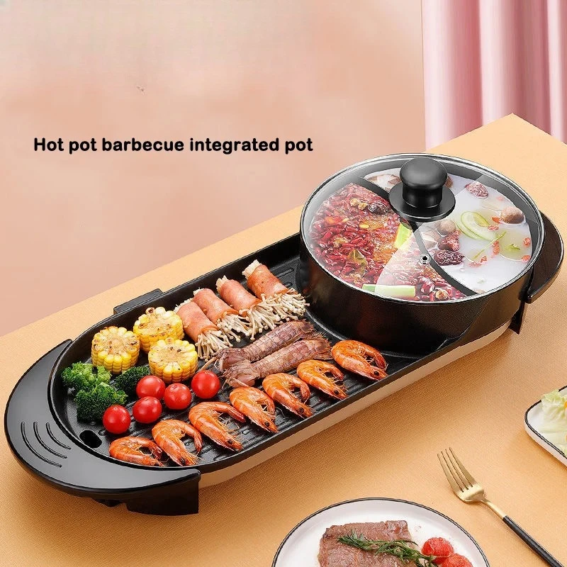 2 In 1 Electric Grill Hot Pot Combo Non-Stick BBQ Griddle Shabu Shabu Pot Dual Temperature Control Barbecue Hotpot Cooker