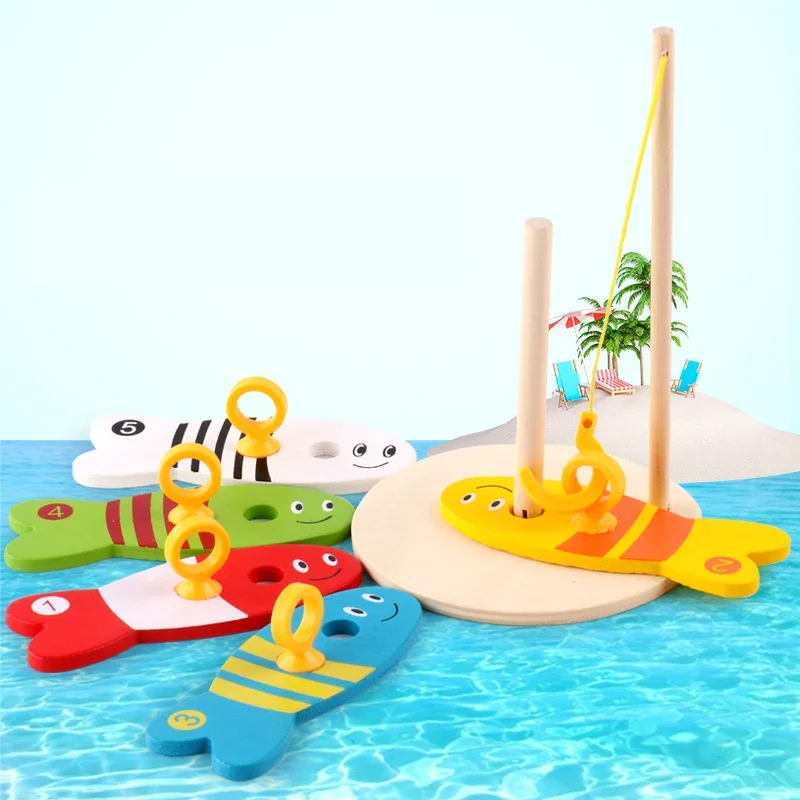 8Pcs/Set Colorful Wooden Fishing Digital Toys Baby Kids Fish Set Column Blocks Game Children Cute Early Educational Cartoon Toy