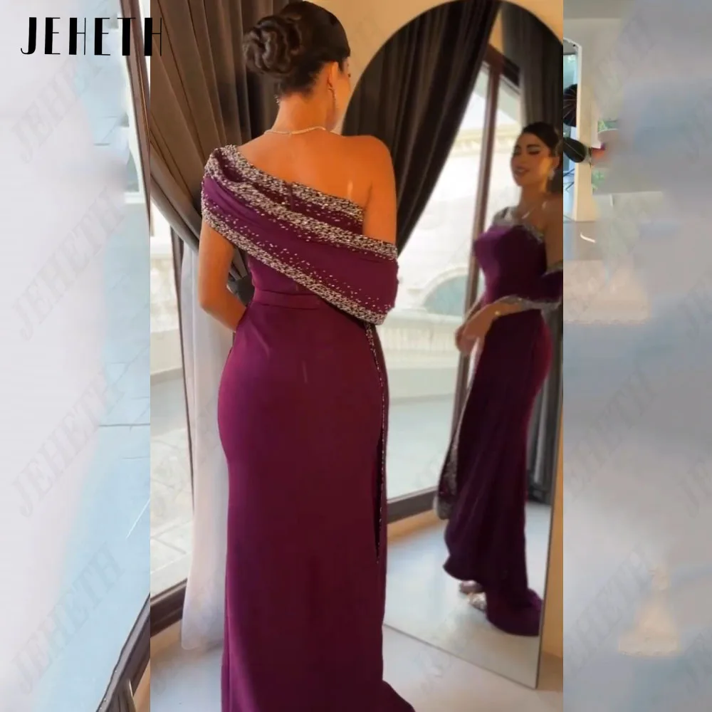 JEHETH Formal Saudi Women Evening Dress One Shoulder With Jacket Mermaid Prom Dresses Crystal Ankle Length Purple Party Gowns