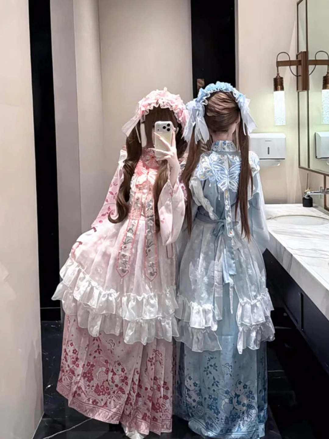 Blue Pink Hanfu Lolita Embroidered Cloud Shoulder Tunic Top Skirt Set Women's Cute Lolita Dress Traditional Chinese Costume - view 5