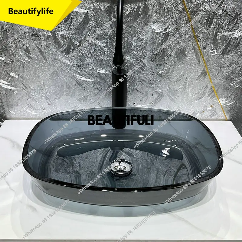 

a13 Coffee colored tempered glass countertop basin, household gray polished artistic washbasin, homestay bathroom washbasin
