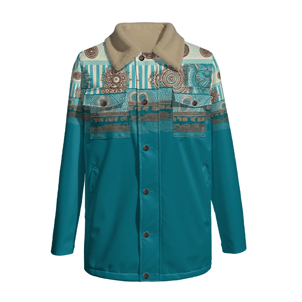 Ethnic Geometric Print Jackets with Faux Shearling Collar Unisex Coat with Button-up and Pockets for Cool Weather Streetwear