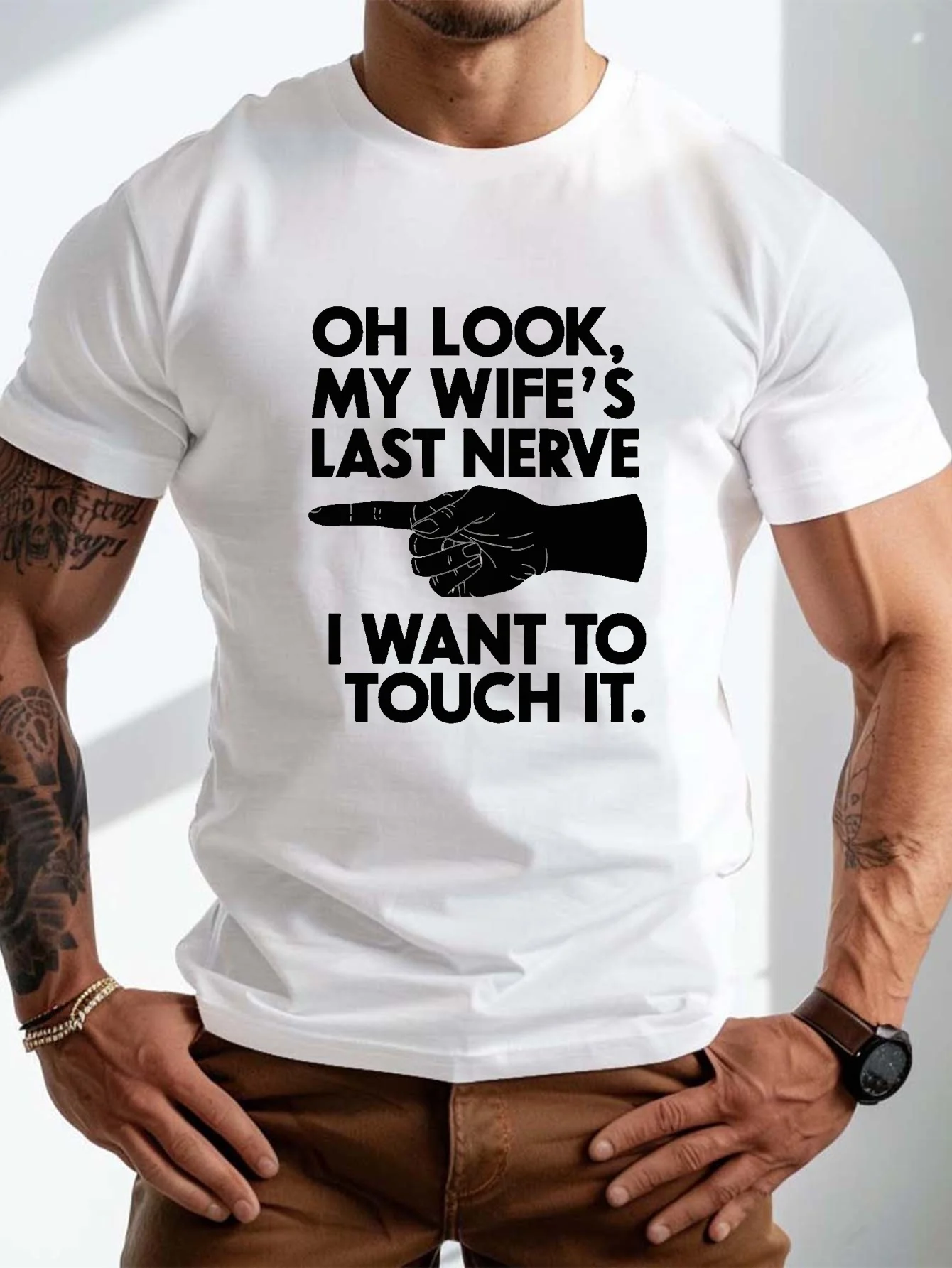 

Plus Size Mens T-Shirt with Wifes Last Nerve Graphic Print | Casual Crew Neck Tee with Slight Stretch